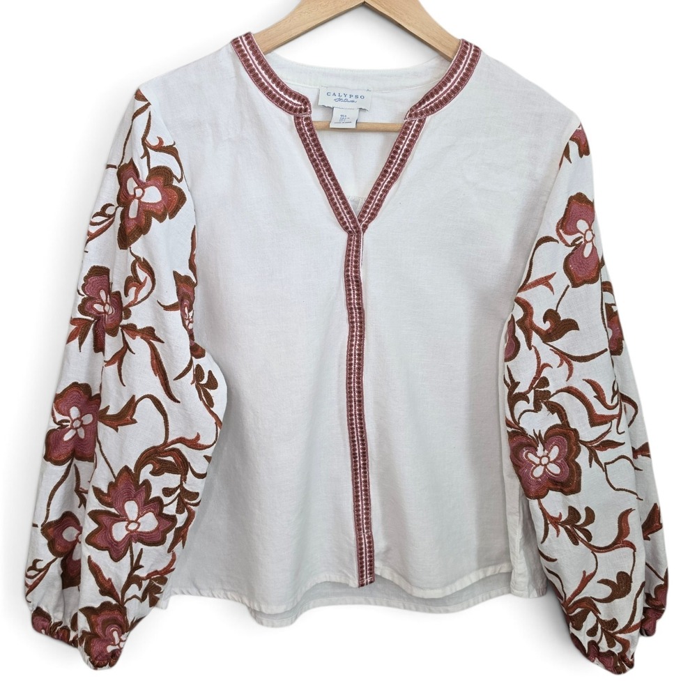 Calypso St Barth Blouse Womens Large L White Cotton Flax Embroidered Boho Top